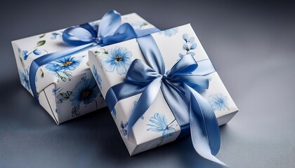 festive gift boxes elegantly wrapped in delicate white paper with a blue floral design