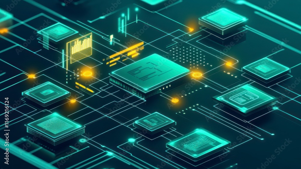 Wall mural futuristic abstract technology network data processing microchip circuitry illustration