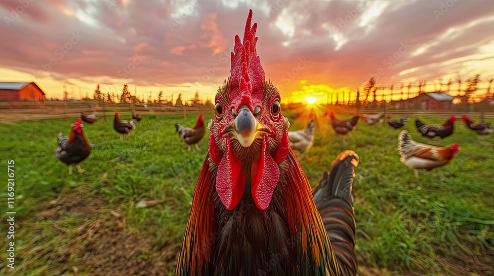 Wall mural Rooster at Sunset in a Farm Field