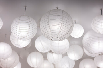 Traditional asian white paper lantern on the ceiling, Japanese Paper lamps.