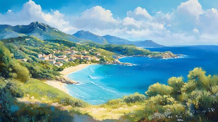 Obraz premium Coastal Village nestled in Mountains beside Turquoise Sea