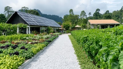 Fototapeta premium Sustainable Farm with Solar Panels Vegetable Garden and Gravel Path