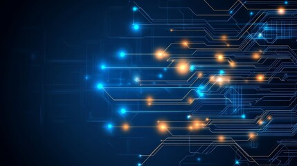 Abstract digital circuit design with glowing lights on a dark background.