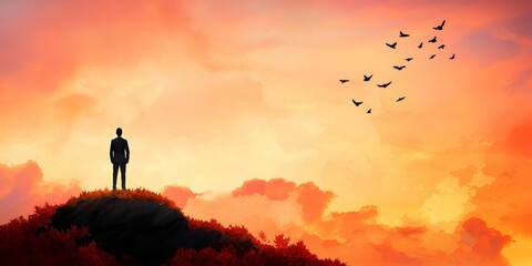 Health info tips awareness concept. Silhouette of a person on a hill at sunset with birds flying in the sky.