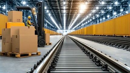 Obraz premium Man in a safety helmet operates a forklift to unload cargo from a shipping container at a warehouse loading dock