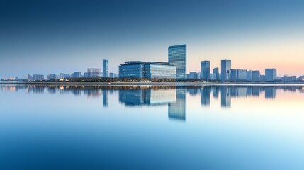Naklejka premium Modern City Skyline Reflecting on Calm Water