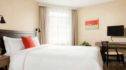 Fototapeta premium Modern Hotel Room Interior Comfortable Bed Desk and Flat Screen TV