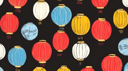 Fototapeta premium A colorful pattern of decorative lanterns on a dark background.