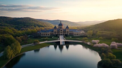 Majestic sunrise over grand estate countryside retreat aerial view serene environment luxury architecture