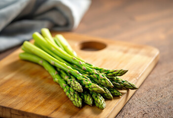 Fresh green asparagus spears on a wooden cutting board