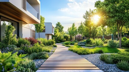 Obraz premium Modern Suburban House with Landscaped Garden and Wooden Walkway