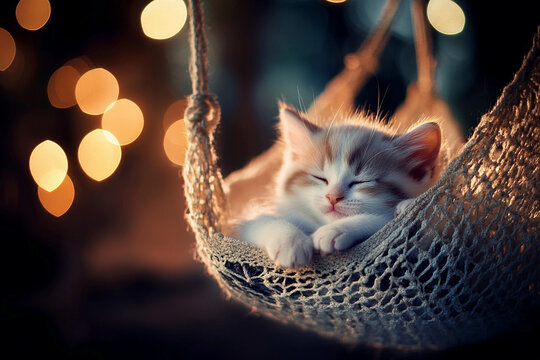 A tiny white kitten with brown patches snuggles up in the cozy hammock of the cat tree, curling up into a ball. Its eyes are closed as it drifts into a nap, surrounded by the soft fabric of the hammoc