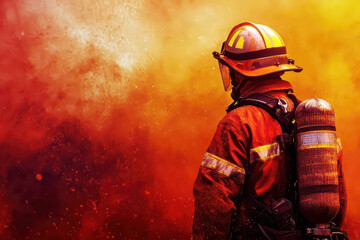 Honoring courage and bravery on international firefighters day with heroic firefighter in action. Horizontal banner. Copy space. Dangerous and risky professions, rescue service