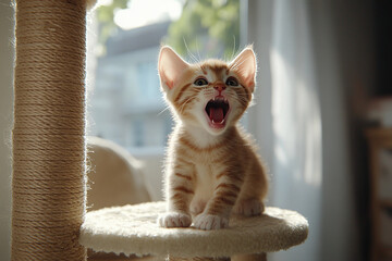 A young kitten with big ears and a tiny, upturned face, perched on the lower level of a cat tree, meowing for attention. Its paws are playfully swiping at the air as it calls out. The background shows