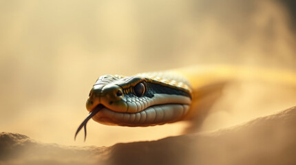 Fototapeta premium Close-up of a snake head with its tongue extended in a desert setting.