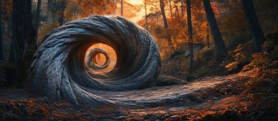Captivating image depicting a surreal otherworldly swirling vortex or spiral amidst the autumnal trees and foliage of a mysterious moody forest landscape  The scene exudes a sense of mystical energy