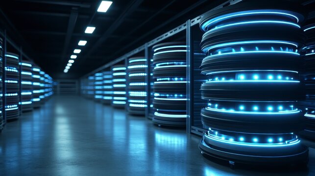 Futuristic Data Center Server Room with Illuminated Disk Storage Arrays