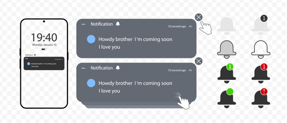 Notification screen UI. Push notification. SMS notification on the screen of the smartphone. Sms popup. Message exchange. Private messages

