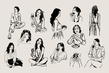 Elegant Line Art of Women with Food and Drinks