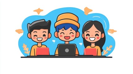Happy Diverse Children Using Laptops Teamwork Technology Kids Collaboration Smiling Students Online