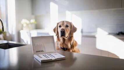 Obraz na płótnie Canvas Golden Retriever and Canine DNA Test Kit on Kitchen Counter for Pet Ancestry Insights