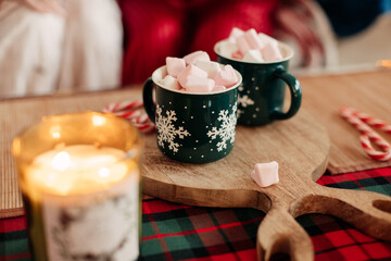 two teenage girls sisters holding cups of cocoa with marshmallows cozy atmosphere at home