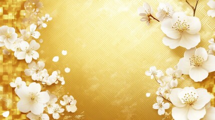 Elegant golden background with Japanese-inspired patterns and white flowers, featuring a checkered pattern and gold gradient, creating a festive New Year's atmosphere.