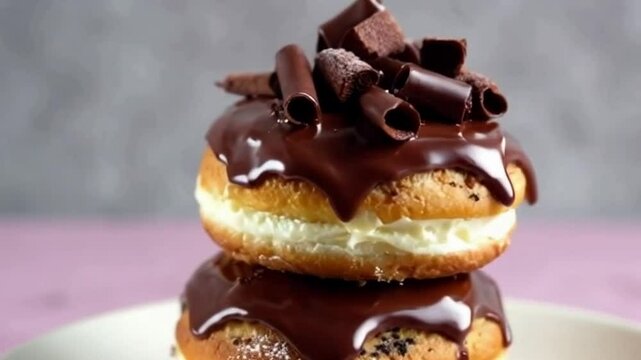 Chocolate stack of cronuts with ganache, chocolate curls, and cocoa dust under muted gray background for a rich chocolate indulgent feel