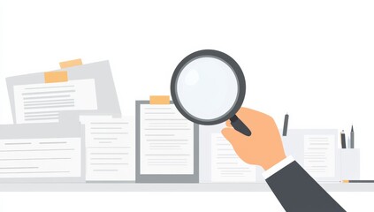 Close-up of an office worker's hand holding a magnifying glass over a document icon, focusing on files with a clean white background.