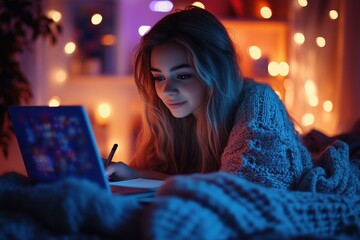 Girl writing a story at night in a cozy room with soft lighting and decorations