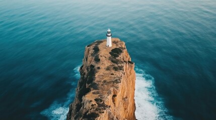 Majestic lighthouse standing tall coastal cliff aerial photography serene ocean bird’s eye view coastal serenity