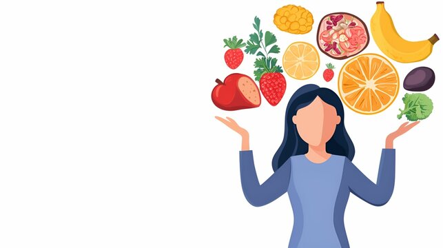 Health info tips awareness concept. A woman balances various fruits, promoting health and wellness.
