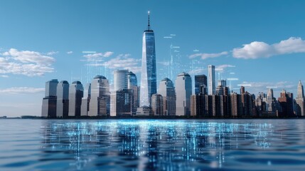 Fototapeta premium View of New York's skyline featuring digital graphs and data overlays illustrating global connectivity and vibrant business exchange