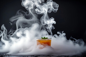 Orange tea on a black background and white smoke behind it