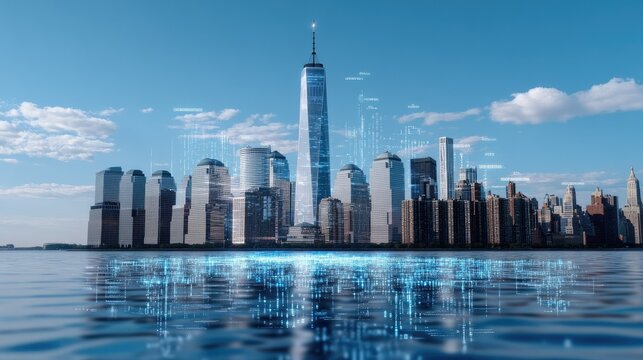 View of New York's skyline featuring digital graphs and data overlays illustrating global connectivity and vibrant business exchange