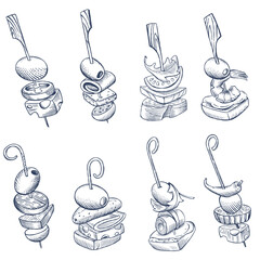 Set of hand drawn canapes. Fingerfood with various ingredients, such as olives, cheese, bread, vegetables, and sausage, skewered on sticks. Vector illustration
