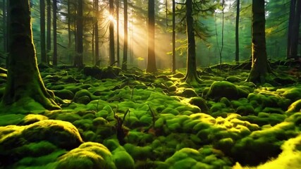 A serene forest floor covered in vibrant green moss, illuminated by golden morning sunlight streaming through the trees. Gentle mist rises, creating an ethereal glow, 4k lofi hip-hop bites landscape