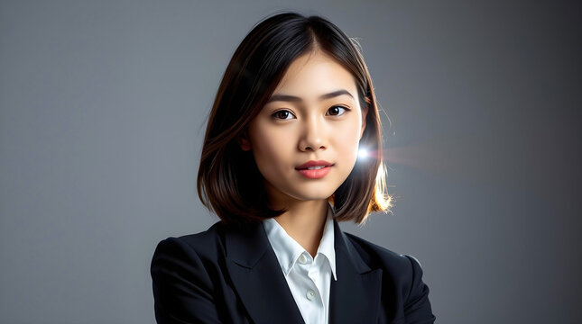 Studio portrait of a young Asian woman wearing a black blazer and white shirt. Confident Asian Businesswoman in Professional Attire