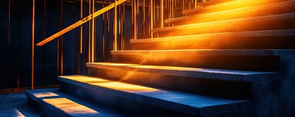 A dimly lit staircase illuminated by warm, golden light, creating a dramatic and inviting atmosphere.