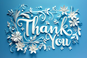 A blue background with white flowers and the words "thank you" written in white