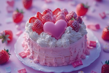 Heart shaped cake adorned with strawberries for a sweet celebration