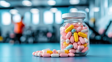 A colorful jar of pills sits on a gym floor, with some capsules scattered nearby, creating a vibrant contrast against the workout space.