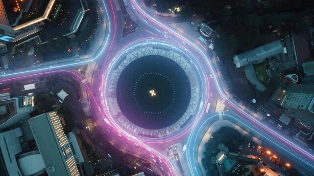 Traffic flows at night showcasing a metropolis with augmented reality data overlays, highlighting the advancements of smart city technology