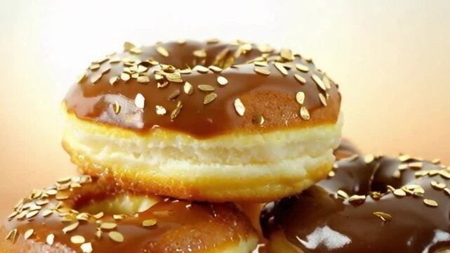 Golden glow stack of cronuts with gold flakes, glossy caramel and chocolate glazes under warm beige and white gradient creating elegant details