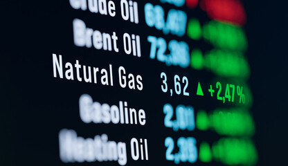Rising Natural Gas price, trading screen. Oil and gas industry, energy contract, commodity, trading baord, stock market data. 3D illustration © Westlight