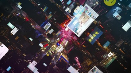 Aerial views of Times Square capture nighttime atmosphere, featuring digital overlays of data and social media icons, blend of technology and urban life in New York City - Powered by Adobe
