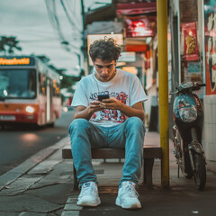 Generation Z boy sits at a bus stop playing with his mobile phone.