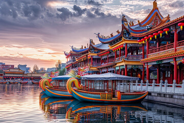 Obraz premium Beautiful holiday composition for happy celebrate chinese dragon boat festival, abstract vivid composition consists of fictional unreal fantastic vision on background