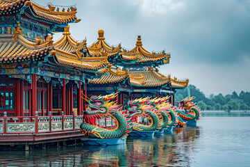 Fototapeta premium Beautiful holiday composition for happy celebrate chinese dragon boat festival, abstract vivid composition consists of fictional unreal fantastic vision on background