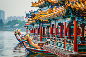 Naklejka premium Beautiful holiday composition for happy celebrate chinese dragon boat festival, abstract vivid composition consists of fictional unreal fantastic vision on background